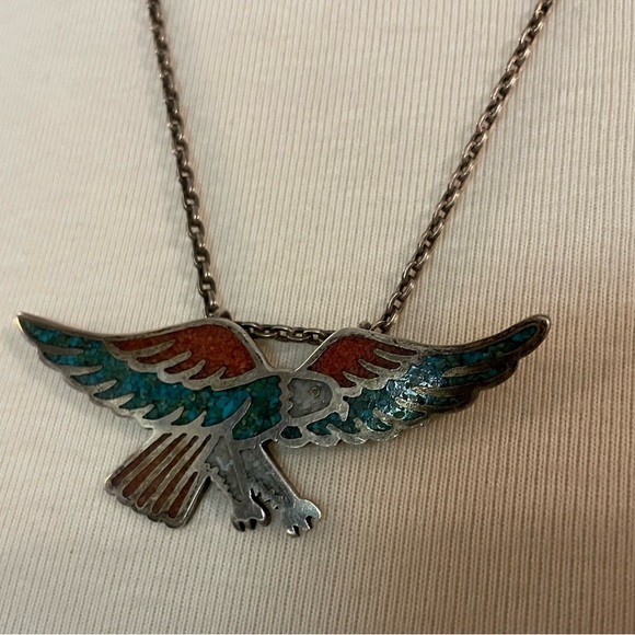 Vintage Silver Turquoise Coral Eagle Necklace - Picture 4 of 10